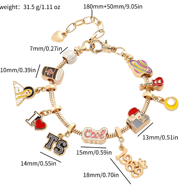 Taylor Swift Inspired Charm Bracelet Lover Speak Now Midnight Reputation Music Album Pendants: Style B